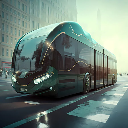 Futuristic urban mobility, ultramodern bus in the city. Coach AI generative design. Passenger commuting, innovative transport solutions. Rapid shuttle transit concept.の素材