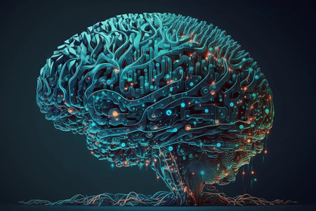 3d artificial intelligence brain on blue background. Artificial engineering, machine learning technics concept. Artificial neural network processing data. AI generativeの素材