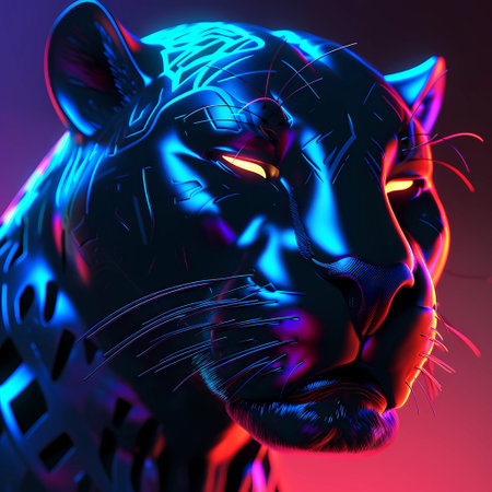 Beautiful surreal black panther's head close-up with striking look from his eyes. AI generative wildcat, large neon feline creature portraitの素材