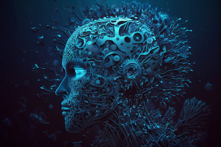 3d artificial intelligence brain on blue background. Artificial engineering, machine learning technics concept. Artificial neural network processing data. AI generativeの素材