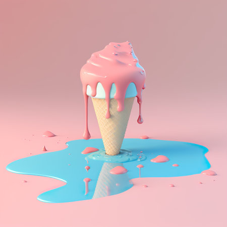 Melting ice cream in a cone in soft pastel colors illustration. AI generative design for yummy dripping summer treatの素材