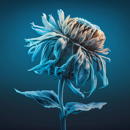 Blue frozen dreamlike flower closeup on dark background. AI generative iced fantasy flower in bloom illustrationの素材