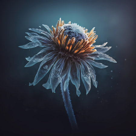Blue frozen dreamlike flower closeup on dark background. AI generative iced fantasy flower in bloom illustrationの素材