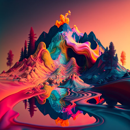 Surreal vibrant landscape with alien-like otherworldly terrain with mountains and hills. AI generative psychedelic landforms in beautiful extraterrestrial scenery illustration. 3dの素材