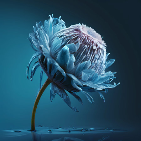 Blue frozen dreamlike flower closeup on dark background. AI generative iced fantasy flower in bloom illustrationの素材