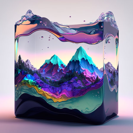 Surreal vibrant landscape with otherworldly terrain with mountains and hills melting. AI generative psychedelic landforms in beautiful extraterrestrial scenery illustration. 3d higの素材