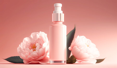 Perfume bottle surrounded with flowers for a beautiful and luxurious beauty product showcase and presentation. AI generated illustration. Fragrance display with fresh and stylish bの素材