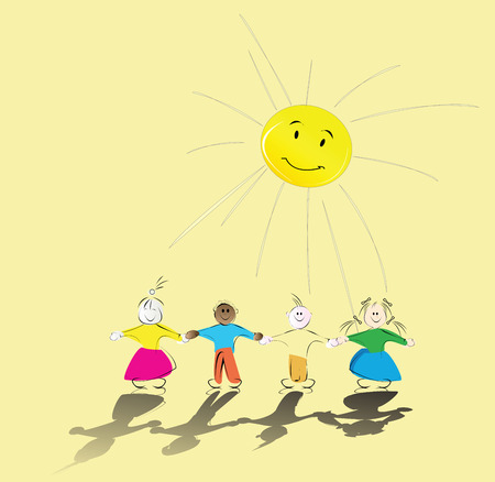 multiracial kids holding their hands and smiling sunのイラスト素材