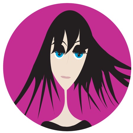 Beautiful sad girl on round violet emblemのイラスト素材
