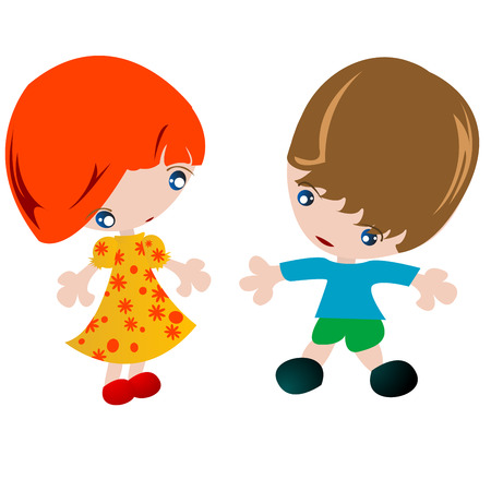 Boy and girl illustration, stylized characters over white backgroundのイラスト素材