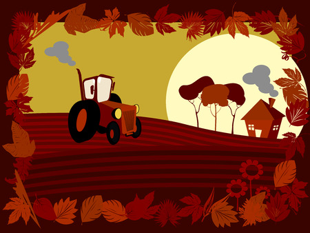 Landscape with farm and tractor on the fieldのイラスト素材