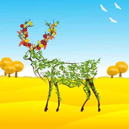 Conceptual autumn illustration with a stylized deer with leaves and vegetables between hornsのイラスト素材
