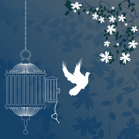 Bird and cage with cherry blossom treeのイラスト素材