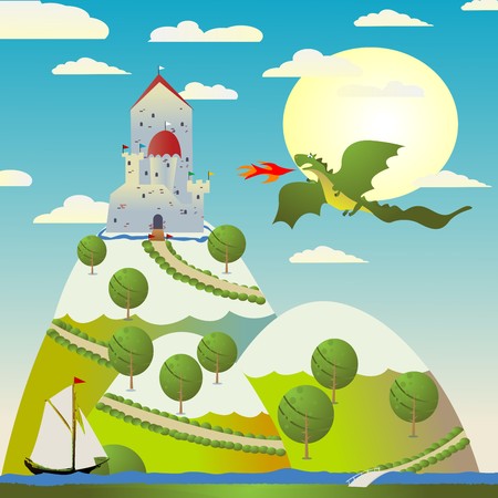 Background with medieval castle and green dragon spitting fireのイラスト素材