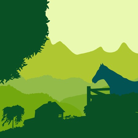 Lanscape with a farm in green tonesのイラスト素材