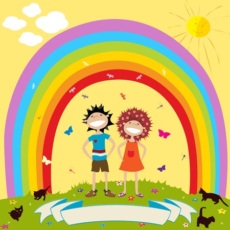 Children and rainbow with label for textのイラスト素材
