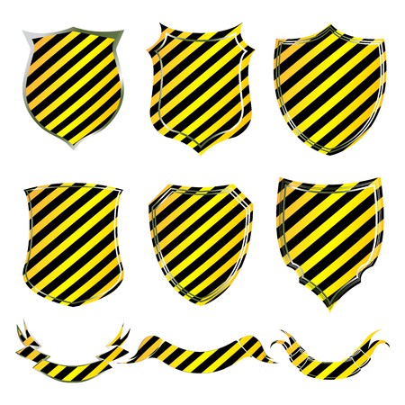  shields and banners with warning stripes over white backgroundのイラスト素材