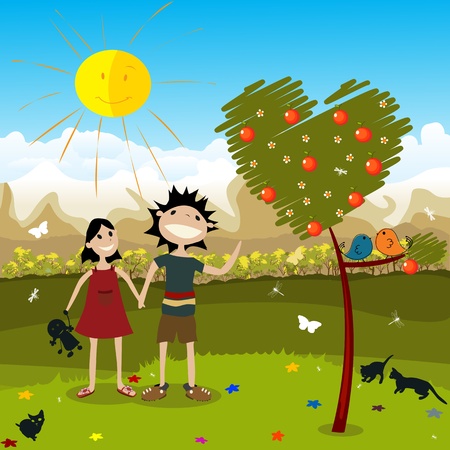 Boy and girl on the meadowのイラスト素材