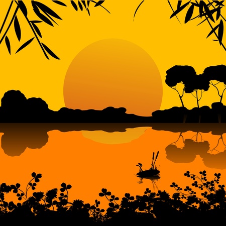 Background romantic with a sunset on a lake sceneのイラスト素材