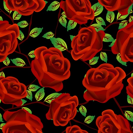 Seamless background design with stylized red roses over blackのイラスト素材