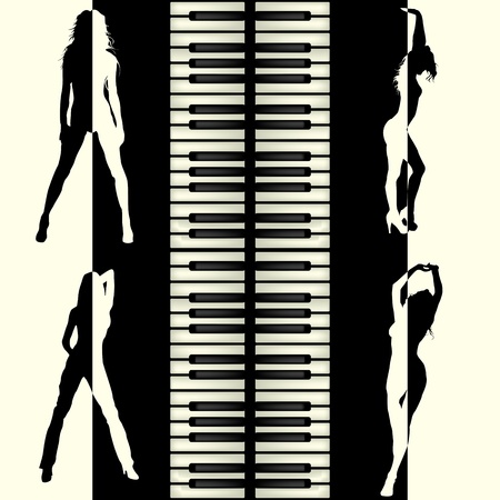 Abstract musical background with piano keys and dancing girls のイラスト素材