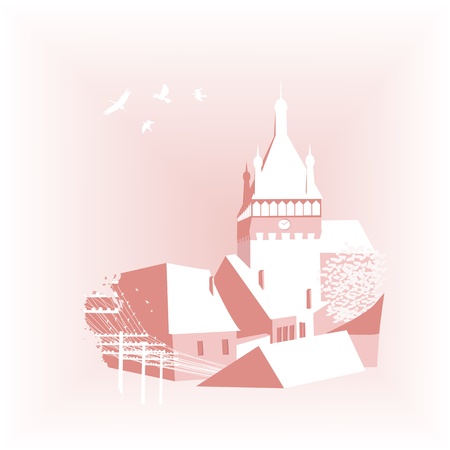 Background with a castle and village in sepia tonesのイラスト素材