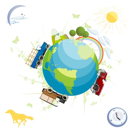 Conceptual scenery with green planet and transportation elements, isolated and grouped objects over white backgroundのイラスト素材