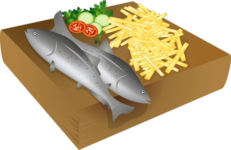 Fish and chips on a wooden plate, isolated objects over white backgroundのイラスト素材