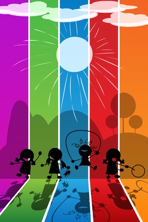 Girls playing silhouettes over a rainbow backgroundのイラスト素材