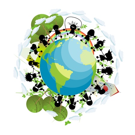 Conceptual scenery with green planet happy children silhouettesのイラスト素材