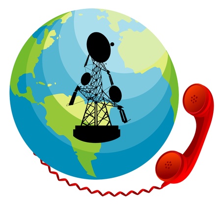 Red phone receiver connected to Earth. Conceptual communication iconのイラスト素材