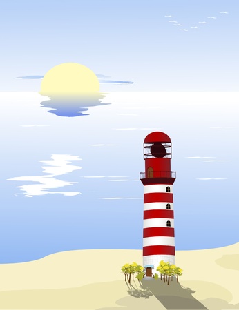 Summer landscape on a beach with red light houseのイラスト素材