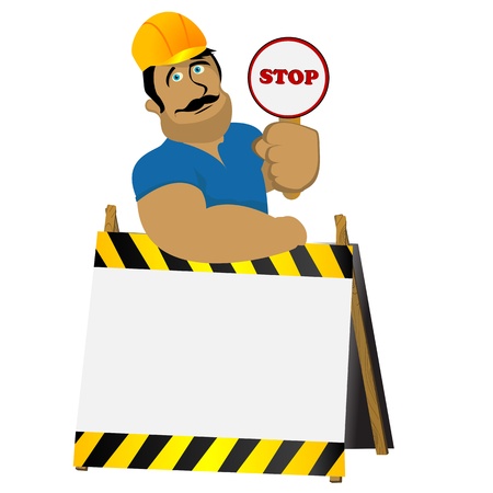 Construction worker with a stop sign leaning over a warning post. Plenty of room for text.のイラスト素材