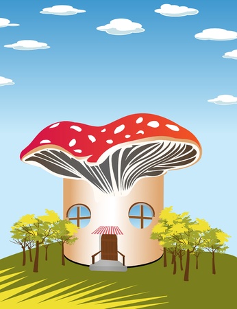 Fantasy cartoon background with a mushroom shape houseのイラスト素材