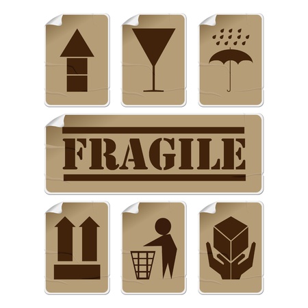 Fragile and safety badly glued stickers, isolated and grouped objects against white backgroundのイラスト素材