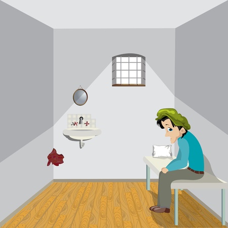 Cartoon drawing of a sad man in a lonely room.のイラスト素材