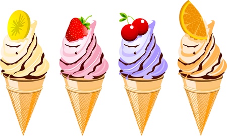 A set of four delicious fruit flavored ice cream conesのイラスト素材