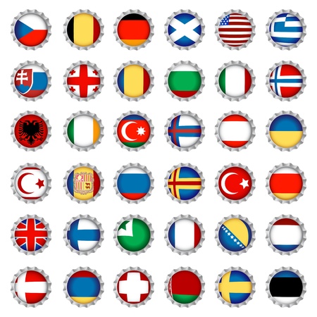 National country flags on beer bottle caps, isolated and grouped objects over white background. No gradient mesh or transparencies used.のイラスト素材