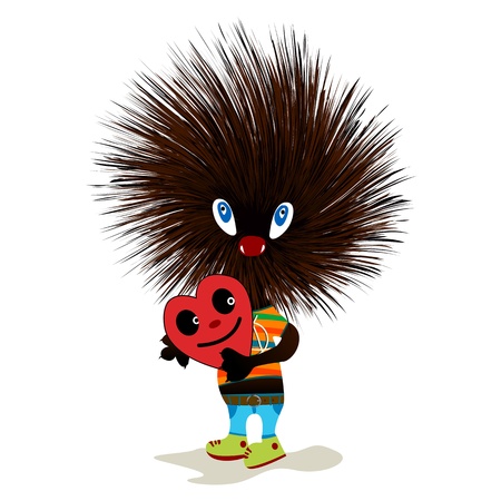 Cute hedgehog mascot standing and holding a heart, isolated objects on white backgroundのイラスト素材