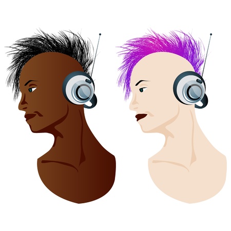 Stylish girl listening to music, isolated objects over white backgroundのイラスト素材