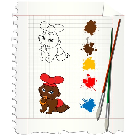 Baby drawing in black and white and in colors.のイラスト素材