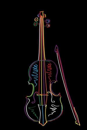 Graphic brush sketch illustration of a stylized violin and bow  over black のイラスト素材