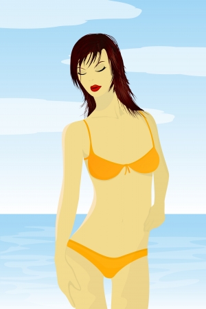 Illustration of a red hair girl in bathing suit over a sea background  No mesh or transparencies used のイラスト素材
