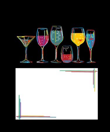 Background with set of colorful cocktail glasses and invitation cardのイラスト素材
