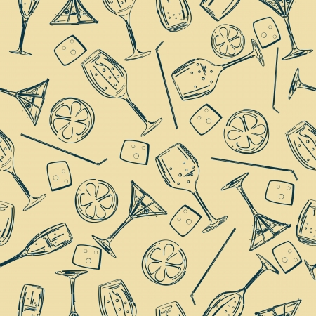 Stylized seamless background pattern with cocktail glasses, straws and ice cubeのイラスト素材
