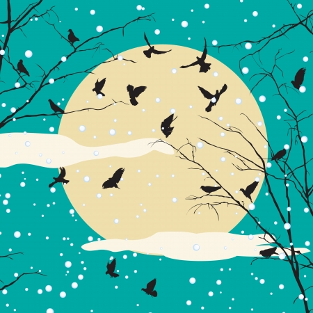 Birds and tree on moon set, romantic winter backgroundのイラスト素材
