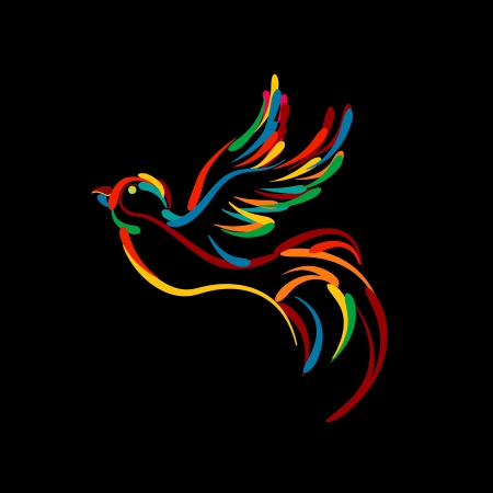 Stylized flying bird icon, isolated objects on black backgroundのイラスト素材