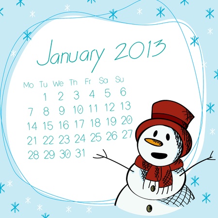 January 2013 calendar with saluting snow man.のイラスト素材