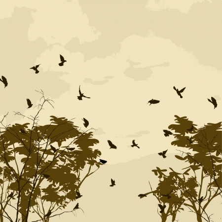 Abstract nature background with birds and tree silhouettesのイラスト素材