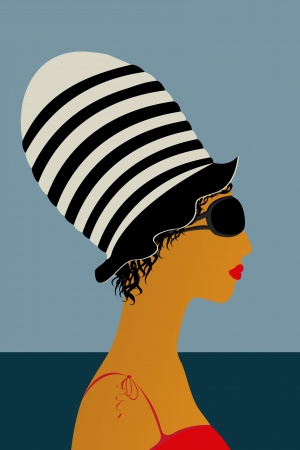 Profile of a girl at the beach wearing a large hatのイラスト素材